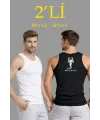 Erkek Spor Slimfit Fitilli Kaşkorse Arka Basklı Atlet 2li Set Siyah-Beyaz