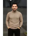 Erkek Tam Boğazlı Balıkçı Yaka Triko Kazak Kalın Fitilli - Bej