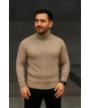Erkek Tam Boğazlı Balıkçı Yaka Triko Kazak Kalın Fitilli - Bej