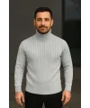 Erkek Tam Boğazlı Balıkçı Yaka Triko Kazak Kalın Fitilli -  Gri