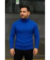 Erkek Tam Boğazlı Balıkçı Yaka Triko Kazak Kalın Fitilli - Saks Mavisi