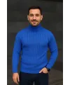 Erkek Tam Boğazlı Balıkçı Yaka Triko Kazak Kalın Fitilli - Saks Mavisi