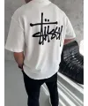 Erkek Tişört Bisiklet Yaka Baskılı Oversize Kısa kol T-Shirt - Beyaz