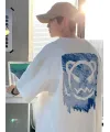 Erkek Tişört Bisiklet Yaka Kore sevimli ayı baskı Kısa Kol T-Shirt  - Beyaz