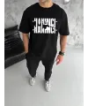 Erkek Tişört Kısa Kol Bisiklet Yaka Katlanan HANIMCI Baskılı T-Shirt - Siyah