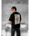 ERKEK Tişört Kısa Kol Ön ve Arka Baskılı Oversize Bisiklet Yaka T-shirt - Siyah