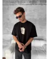 ERKEK Tişört Kısa Kol Ön ve Arka Baskılı Oversize Bisiklet Yaka T-shirt - Siyah