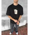 ERKEK Tişört Kısa Kol Ön ve Arka Baskılı Oversize Bisiklet Yaka T-shirt - Siyah