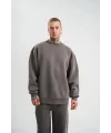 Erkek Uzun Kol Bisiklet Yaka 3 iplik Pamuklu Kışlık SweatShirt  - Füme