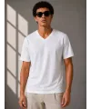 Erkek V Yaka Basic Tişört Kısa Kol Yazlık Regular Fit T-Shirt - Beyaz