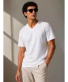 Erkek V Yaka Basic Tişört Kısa Kol Yazlık Regular Fit T-Shirt - Beyaz