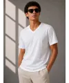 Erkek V Yaka Basic Tişört Kısa Kol Yazlık Regular Fit T-Shirt - Beyaz