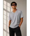 Erkek V Yaka Basic Tişört Kısa Kol Yazlık Regular Fit T-Shirt - Gri