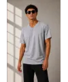 Erkek V Yaka Basic Tişört Kısa Kol Yazlık Regular Fit T-Shirt - Gri