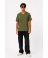Erkek V Yaka Basic Tişört Kısa Kol Yazlık Regular Fit T-Shirt - Haki