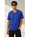 Erkek V Yaka Basic Tişört Kısa Kol Yazlık Regular Fit T-Shirt - Saks Mavisi
