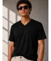 Erkek V Yaka Basic Tişört Kısa Kol Yazlık Regular Fit T-Shirt - Siyah