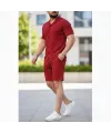 Erkek Waffle Kumaş Kısa Kol Gömlek Şort Takım Regular Yazlık İkili Set - Bordo