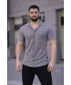Erkek Waffle Kumaş Kısa Kollu Düğmeli Açık Yaka Regular Fit Gömlek - Gri