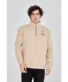 Erkek Yarım Fermuarlı Baskılı 3 iplik pamuklu sweatshirt - Bej