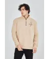 Erkek Yarım Fermuarlı Baskılı 3 iplik pamuklu sweatshirt - Bej