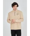 Erkek Yarım Fermuarlı Baskılı 3 iplik pamuklu sweatshirt - Bej