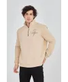 Erkek Yarım Fermuarlı Baskılı 3 iplik pamuklu sweatshirt - Bej