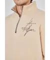 Erkek Yarım Fermuarlı Baskılı 3 iplik pamuklu sweatshirt - Bej