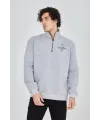 Erkek Yarım Fermuarlı Baskılı 3 iplik pamuklu sweatshirt - Gri