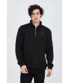 Erkek Yarım Fermuarlı Baskılı 3  iplik pamuklu sweatshirt - Siyah