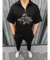 Erkek Yarım Fermuarlı Baskılı Oversize T-Shirt - Siyah