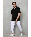 Erkek Yarım Fermuarlı Düz Oversize T-shirt - Siyah