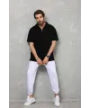 Erkek Yarım Fermuarlı Düz Oversize T-shirt - Siyah