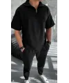 Erkek Yarım Fermuarlı Kısa kol T-Shirt - Siyah