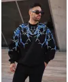 Erkek Yıldırım Baslılı Bisiklet Yaka 3 iplik pamuklu Sweatshirt - Siyah