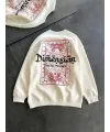 Kadın 3 İplik Pamuklu Bisiklet Yaka Baskılı SweatShirt - Beyaz