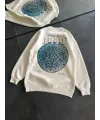 Kadın 3 İplik Pamuklu Bisiklet Yaka Baskılı SweatShirt - Beyaz