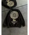 Kadın 3 iplik Pamuklu Bisiklet Yaka Baskılı SweatShirt - Siyah