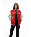 Kadın 3 İplik Pamuklu Çıtçıtlı. Baskılı Oversize Kalıp Kolej Ceket - Kırmızı