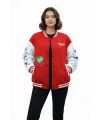 Kadın 3 İplik Pamuklu Çıtçıtlı. Baskılı Oversize Kalıp Kolej Ceket - Kırmızı