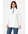 Kadın 3 İplik Pamuklu Dık Yaka Yarım Fermuarlı SweatShirt - Beyaz
