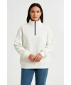 Kadın 3 İplik Pamuklu Dık Yaka Yarım Fermuarlı SweatShirt - Beyaz