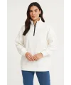 Kadın 3 İplik Pamuklu Dık Yaka Yarım Fermuarlı SweatShirt - Beyaz