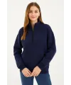 Kadın 3 İplik Pamuklu Dık Yaka Yarım Fermuarlı SweatShirt - Lacivert