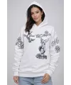 Kadın 3 İplik Pamuklu Kapüşonlu Baskılı SweatShirt hoodie - Beyaz