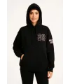 Kadın 3 İplik Pamuklu Kapüşonlu Kanguru Cepli Baskılı Hoodie Sweatshirt - Siyah