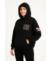 Kadın 3 İplik Pamuklu Kapüşonlu Kanguru Cepli Baskılı Hoodie Sweatshirt - Siyah
