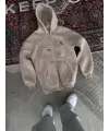 Kadın 3 İplik Pamuklu Kapüşonlu Kanguru Cepli Baskılı Oversize Hoodie Sweatshirt - Bej