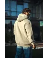 Kadın 3 İplik Pamuklu Kapüşonlu Kanguru Cepli Oversize Hoodie Sweatshirt - Bej