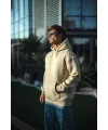 Kadın 3 İplik Pamuklu Kapüşonlu Kanguru Cepli Oversize Hoodie Sweatshirt - Bej